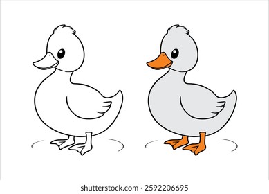 A simple and adorable coloring page featuring a happy duckling standing on the ground. With bold outlines and large, easy-to-color shapes, this printable worksheet is perfect for kids and beginners.