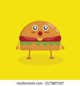 simple adorable cute burger character with amazing expression like WOW with yellow background