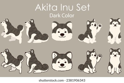 Simple and adorable dark colored Akita Dog set illustrations