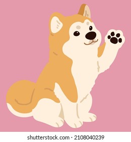 Simple and adorable flat colored Akita Dog sitting and waving