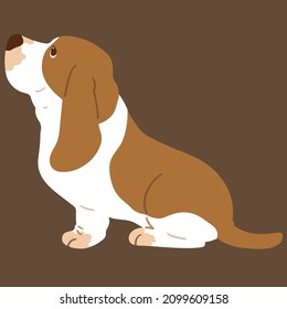 Simple and adorable flat colored illustration of Basset Hound sitting in side view