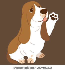 Simple and adorable flat colored illustration of Basset Hound waving hand