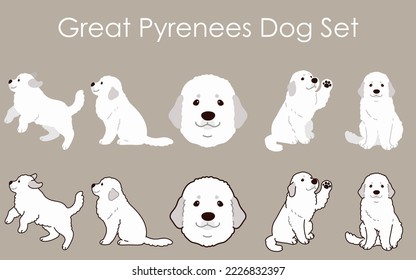 Simple and adorable Great Pyrenees Dog set illustrations