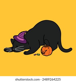 Simple and adorable Halloween illustration of Black Cat playing outlined