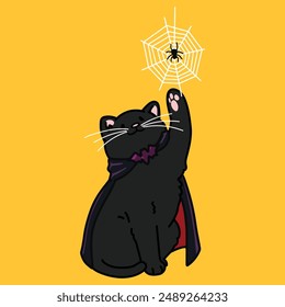 Simple and adorable Halloween illustration of Black Cat in dracula costume outlined