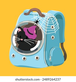 Simple and adorable Halloween illustration of Black Cat in a blue backpack flat colored