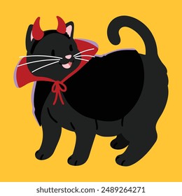 Simple and adorable Halloween illustration of Black Cat in a devil costume flat colored