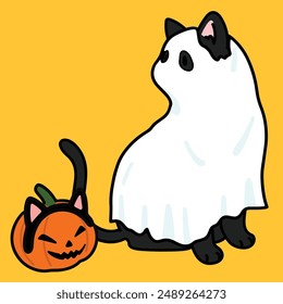 Simple and adorable Halloween illustration of Black Cat in ghost costume outlined