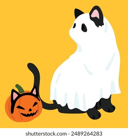 Simple and adorable Halloween illustration of Black Cat in ghost costume flat colored