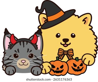 Simple and adorable Halloween illustration of Maine Coon cat and Pomeranian with paws