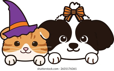 Simple and adorable Halloween illustration Scottish Fold cat and Shih Tzu with paws