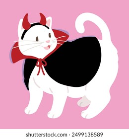 Simple and adorable Halloween illustration of White Cat in a devil costume flat colored