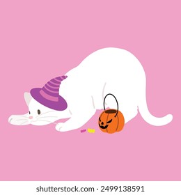 Simple and adorable Halloween illustration of White Cat playing flat colored