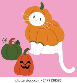 Simple and adorable Halloween illustration of White Cat in pumpkin costume flat colored