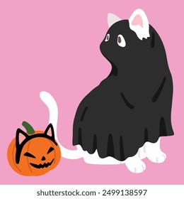 Simple and adorable Halloween illustration of White Cat in ghost costume flat colored