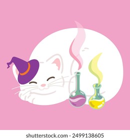 Simple and adorable Halloween illustration of White Cat sleeping flat colored