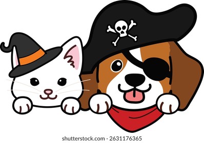 Simple and adorable Halloween illustration of white cat and Beagle with paws