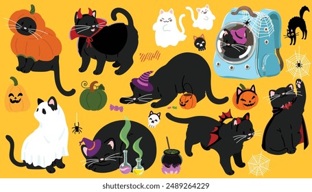 Simple and adorable Halloween illustrations of Black Cat flat colored