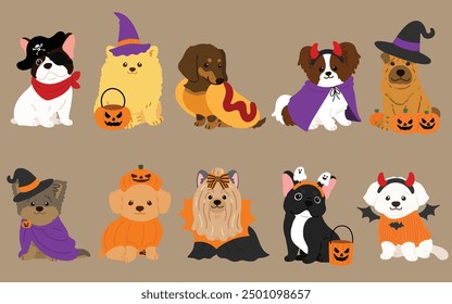 Simple and adorable Halloween illustrations of friendly small dogs flat colored