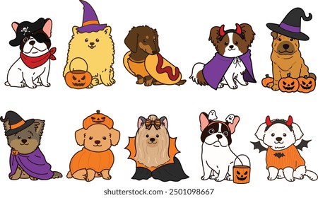 Simple and adorable Halloween illustrations of friendly small dogs outlined