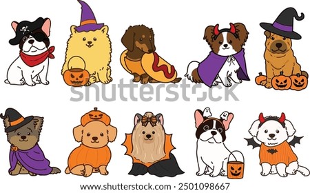 Simple and adorable Halloween illustrations of friendly small dogs outlined