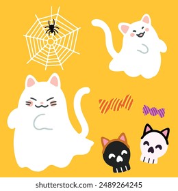 Simple and adorable Halloween illustrations of Ghost Cats flat colored