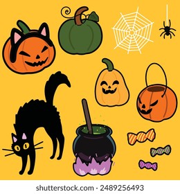 Simple and adorable Halloween props illustrations outlined