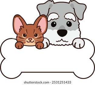 Ilustración simple y adorable de gato abisinio y Schnauzer miniatura sosteniendo un hueso