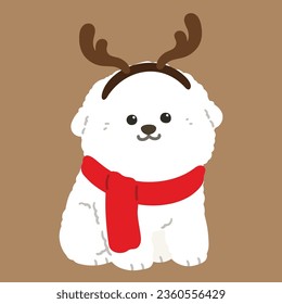 Simple and adorable illustration of Bichon Frise in Christmas time