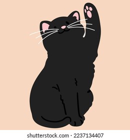 Simple and adorable illustration of black cat playing raising paw flat colored