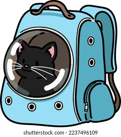 Simple and adorable illustration of black cat in a backpack carrier