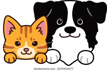 Simple and adorable illustration of Border Collie and Red Tabby cat