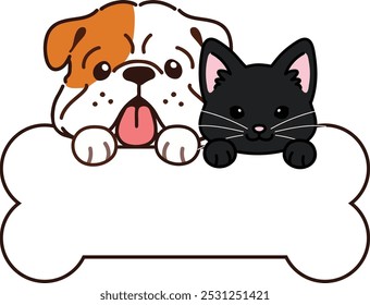 Simple and adorable illustration of Bulldog and black cat holding a bone