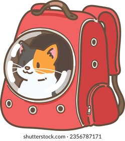 Simple and adorable illustration of calico cat in a backpack carrier