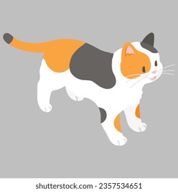 Simple and adorable illustration of calico cat smiling top view flat colored
