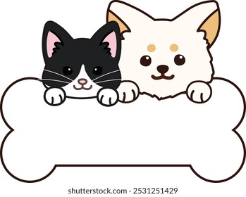 Ilustración simple y adorable de Chihuahua y gato esmoquin sosteniendo un hueso