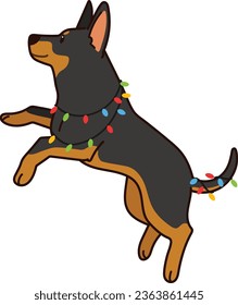 Simple and adorable illustration of Doberman Pinscher dog with Christmas lights jumping
