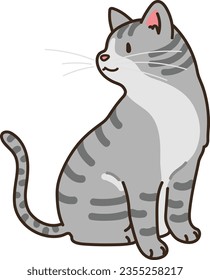 Simple and adorable illustration of grey cat sitting looking sideways