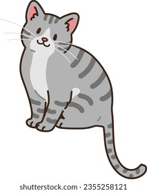 Ilustración simple y adorable de un gato de tabby gris sentado