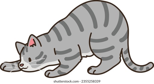 Simple and adorable illustration of grey tabby cat playing and hunting