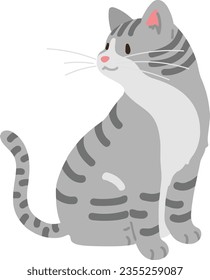 Simple and adorable illustration of grey tabby cat sitting looking sideways flat colored