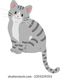 Simple and adorable illustration of grey tabby cat sitting flat colored