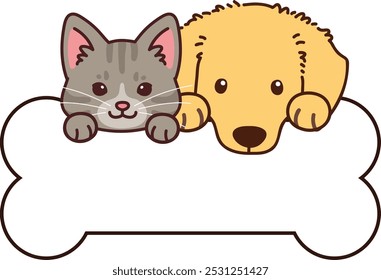 Ilustración simple y adorable del gato gris Tabby y el perro salchicha miniatura que sostiene un hueso