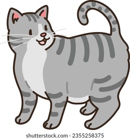 Simple and adorable illustration of happy grey tabby cat talking