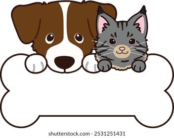 Ilustração simples e adorável de Jack Russell Terrier e Maine Coon segurando um osso