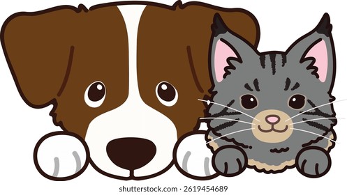 Simple and adorable illustration of Jack Russell Terrier and Maine Coon