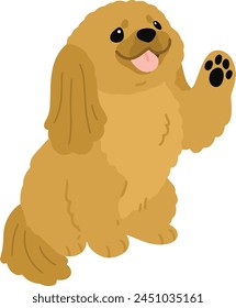 Ilustración simple y adorable de perro pekinés sentado y levantando su pata de color plano