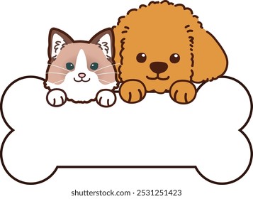 Ilustración simple y adorable de Ragdoll y caniche de juguete sosteniendo un hueso