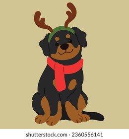 Simple and adorable illustration of Rottweiler in Christmas time