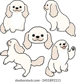 Simple and adorable illustration set of white Pekingese dog